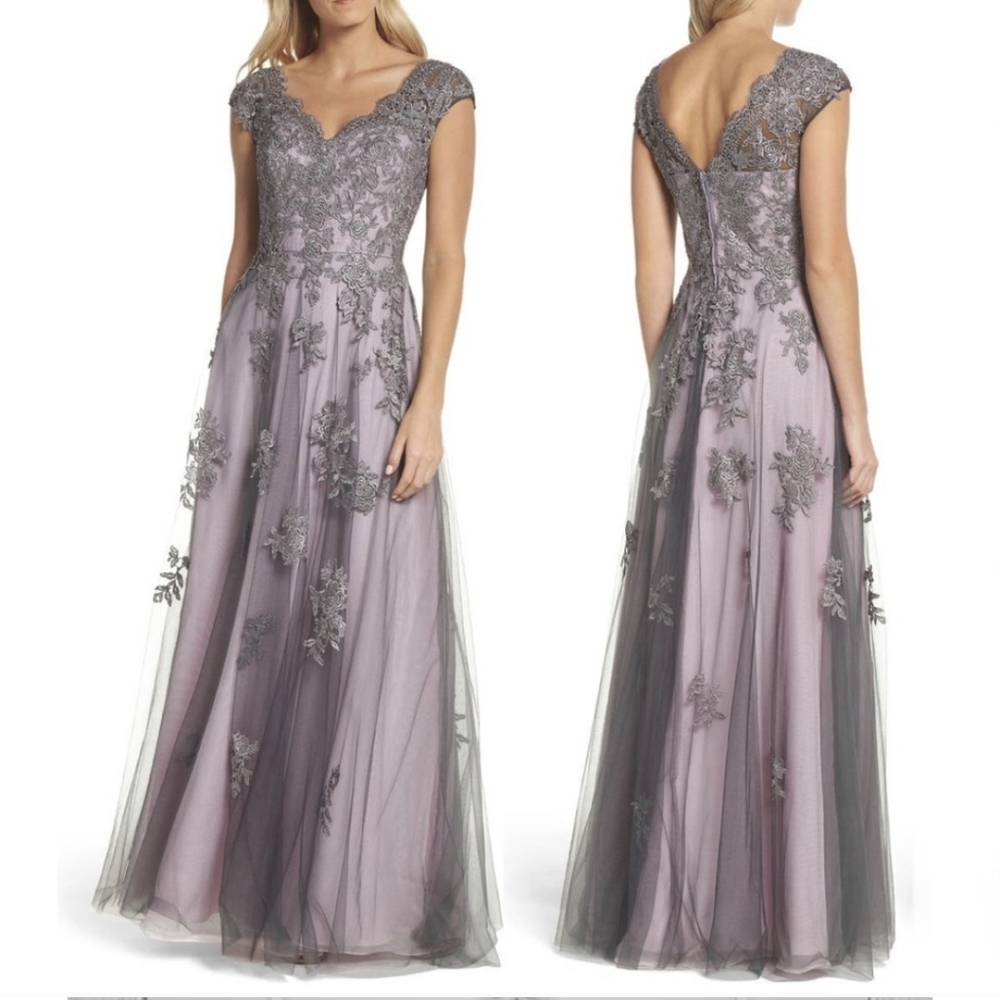 LA FEMME Embellished Mesh A-Line Gown NEW Pink Gray Grey Size 10 Dress